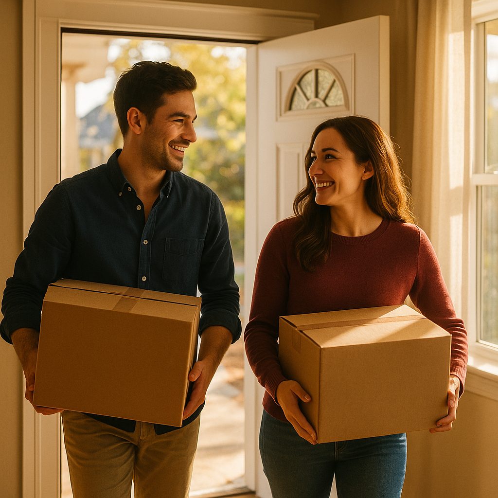 Young couple carrying boxes into their new home
