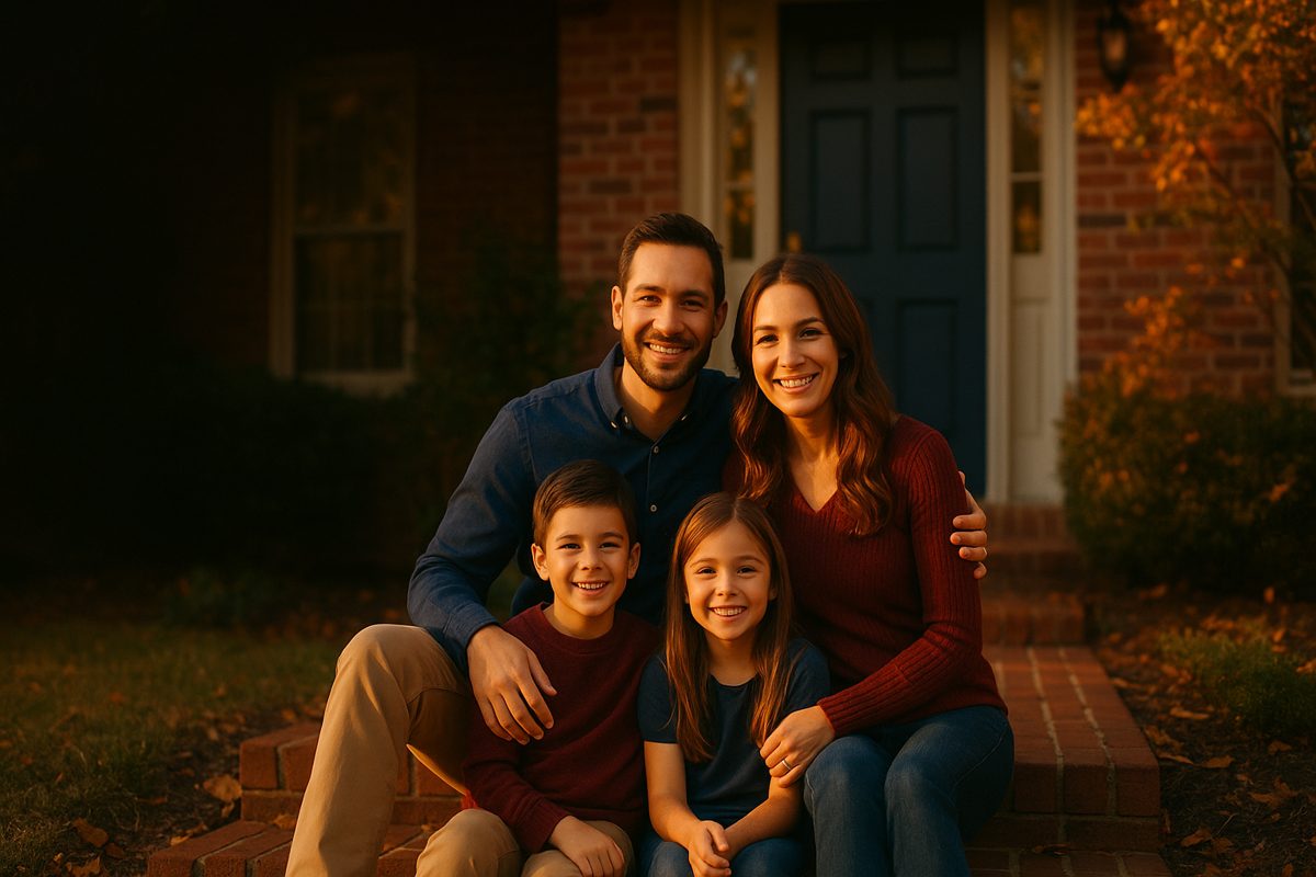 Happy family on the front steps of their home at golden hour
